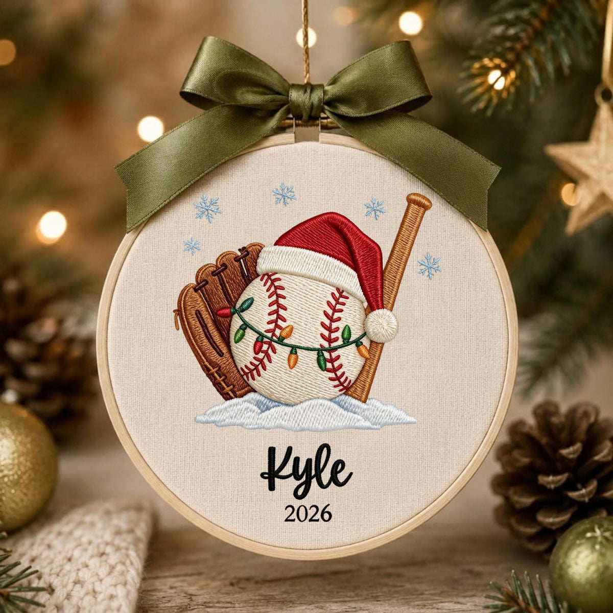 May include: A round embroidery hoop ornament featuring a baseball, a brown leather glove, and a wooden bat. The baseball wears a red Santa hat and is wrapped in colorful Christmas lights. The name Kyle and the year 2026 are stitched below.