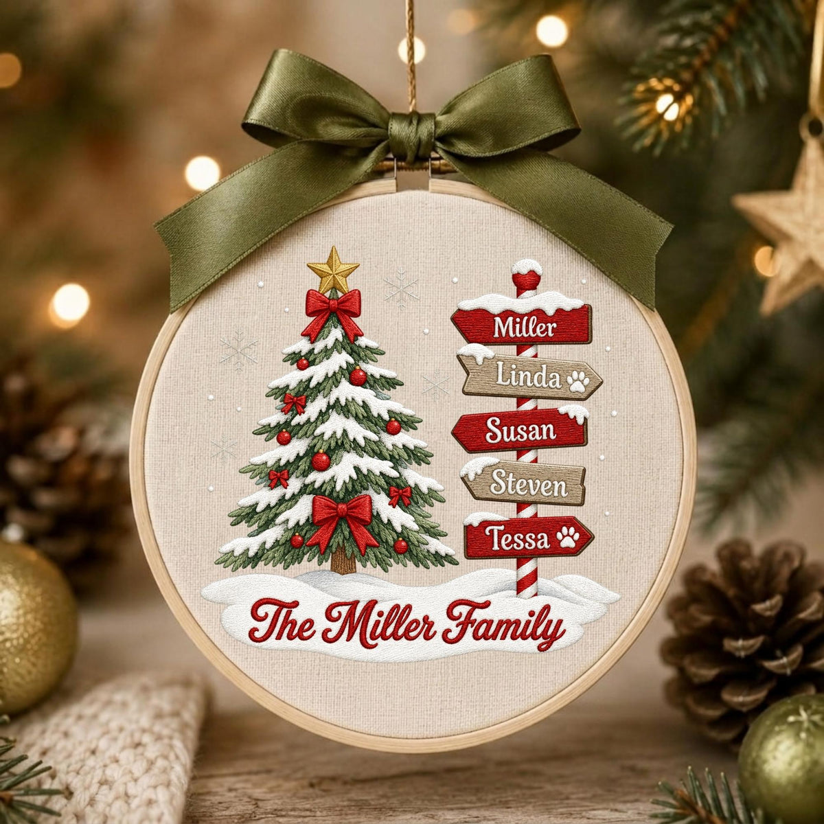 May include: A round embroidery hoop ornament featuring a fabric background with a printed Christmas tree, a signpost with the names Miller, Linda, Susan, Steven, and Tessa, and the text The Miller Family, topped with a dark olive green ribbon bow.
