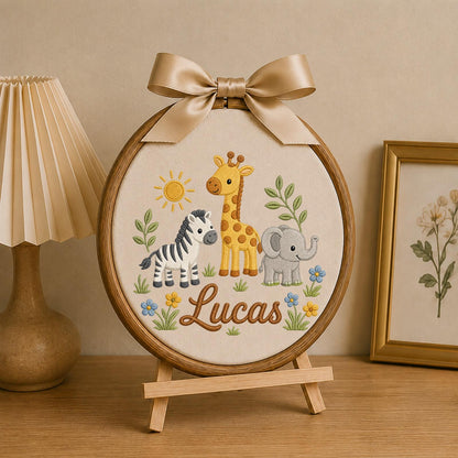 Personalized Embroidered Safari Ornament, Custom Name Nursery Decor, Giraffe Zebra Elephant Baby Gift, Jungle Animal Keepsake