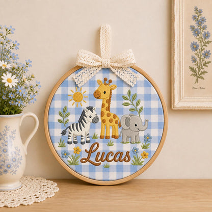 Personalized Embroidered Safari Ornament, Custom Name Nursery Decor, Giraffe Zebra Elephant Baby Gift, Jungle Animal Keepsake