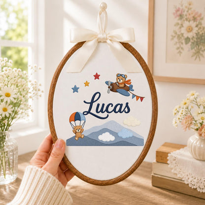 Personalized Embroidered Baby Ornament, Custom Name Teddy Bear Adventure Decor, Airplane Nursery Gift, Baby Boy Keepsake