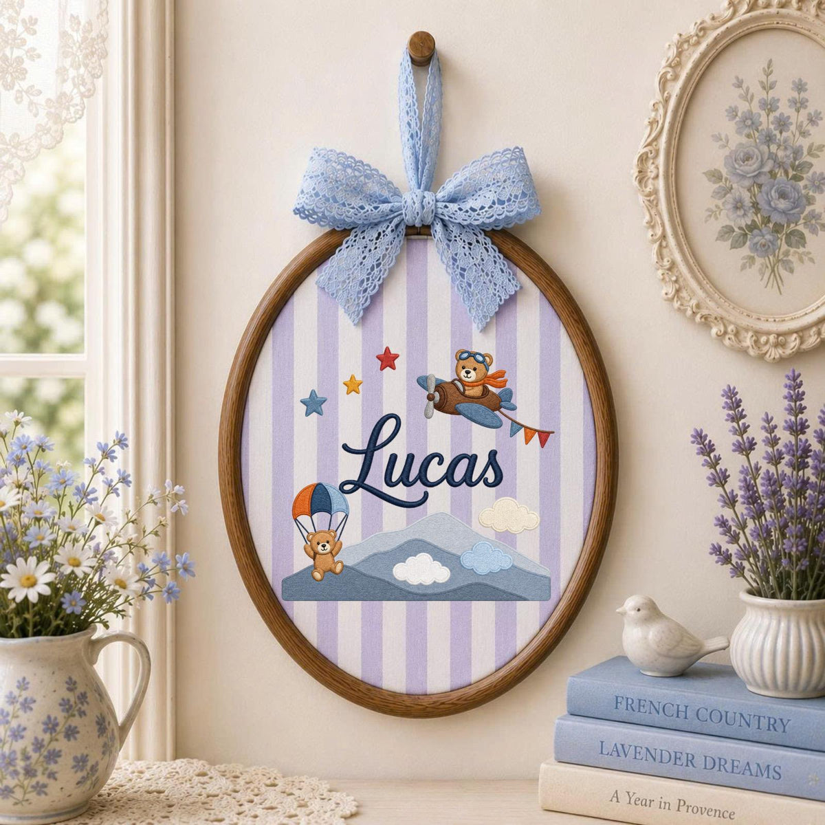 Personalized Embroidered Baby Ornament, Custom Name Teddy Bear Adventure Decor, Airplane Nursery Gift, Baby Boy Keepsake