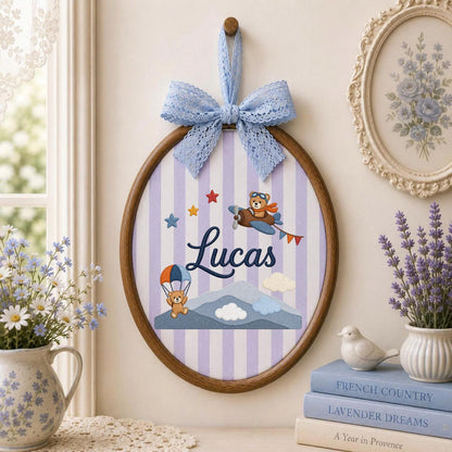 Personalized Embroidered Baby Ornament, Custom Name Teddy Bear Adventure Decor, Airplane Nursery Gift, Baby Boy Keepsake