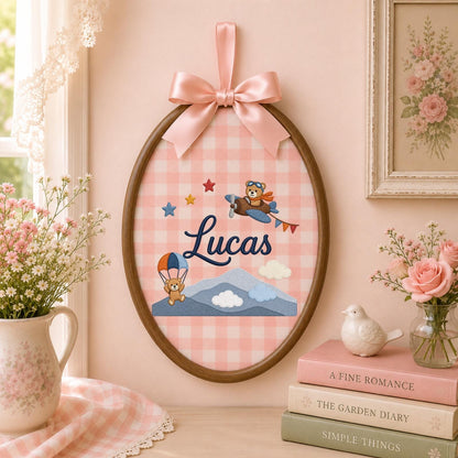 Personalized Embroidered Baby Ornament, Custom Name Teddy Bear Adventure Decor, Airplane Nursery Gift, Baby Boy Keepsake