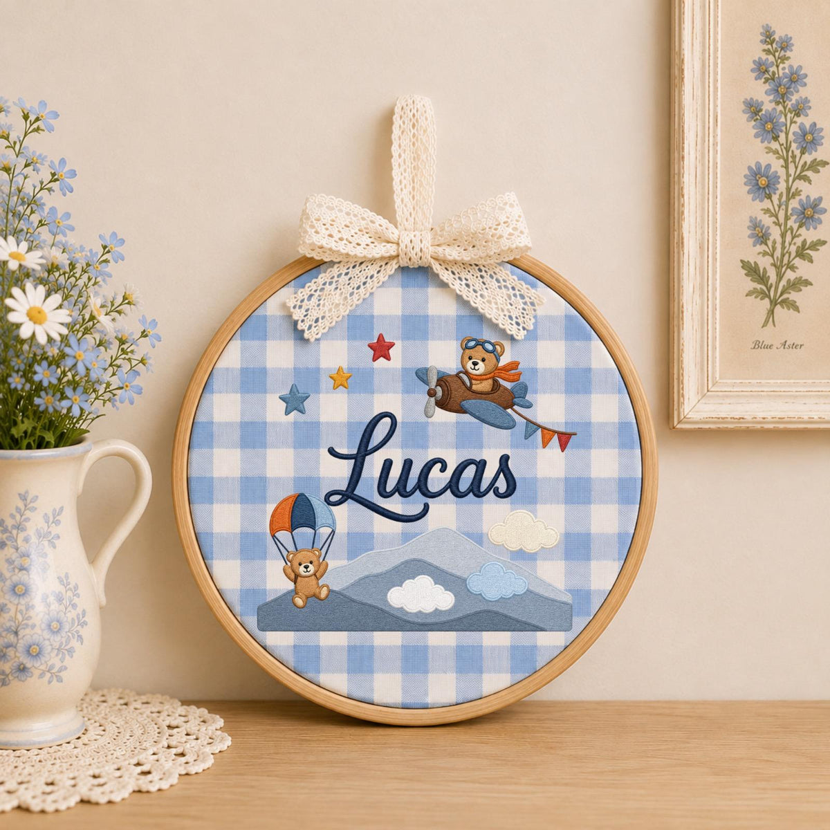 Personalized Embroidered Baby Ornament, Custom Name Teddy Bear Adventure Decor, Airplane Nursery Gift, Baby Boy Keepsake