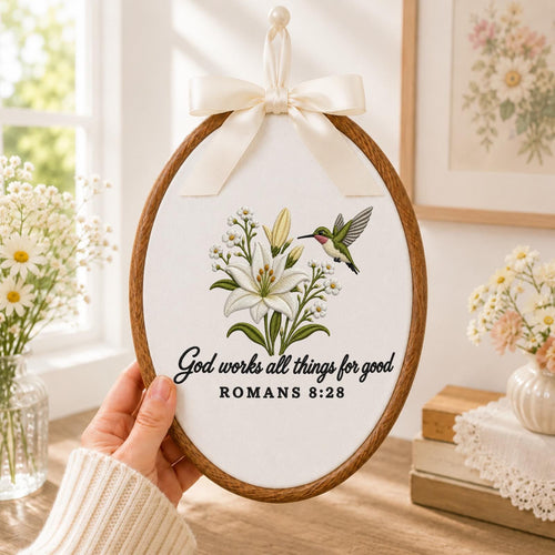 Personalized Embroidered Christian Ornament, Romans 8:28 Bible Verse Decor, Hummingbird Lily Faith Gift, Religious Keepsake