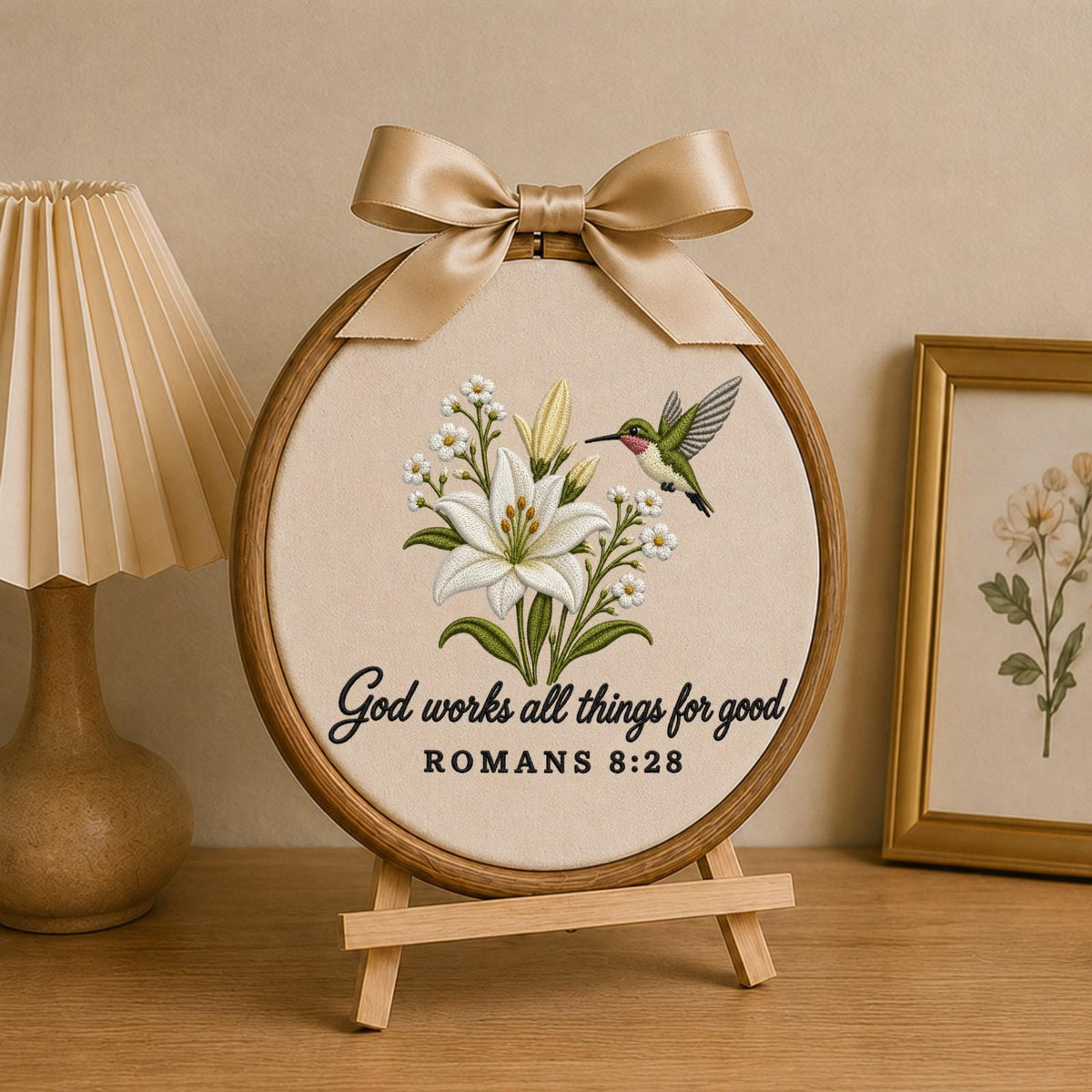 Personalized Embroidered Christian Ornament, Romans 8:28 Bible Verse Decor, Hummingbird Lily Faith Gift, Religious Keepsake