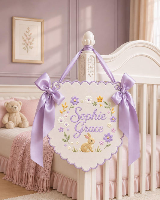 Personalized Embroidered Baby Name Banner, Bunny Nursery Wall Decor, Floral Custom Name Sign, Sage Green Baby Room Decor, Baby Shower Gift