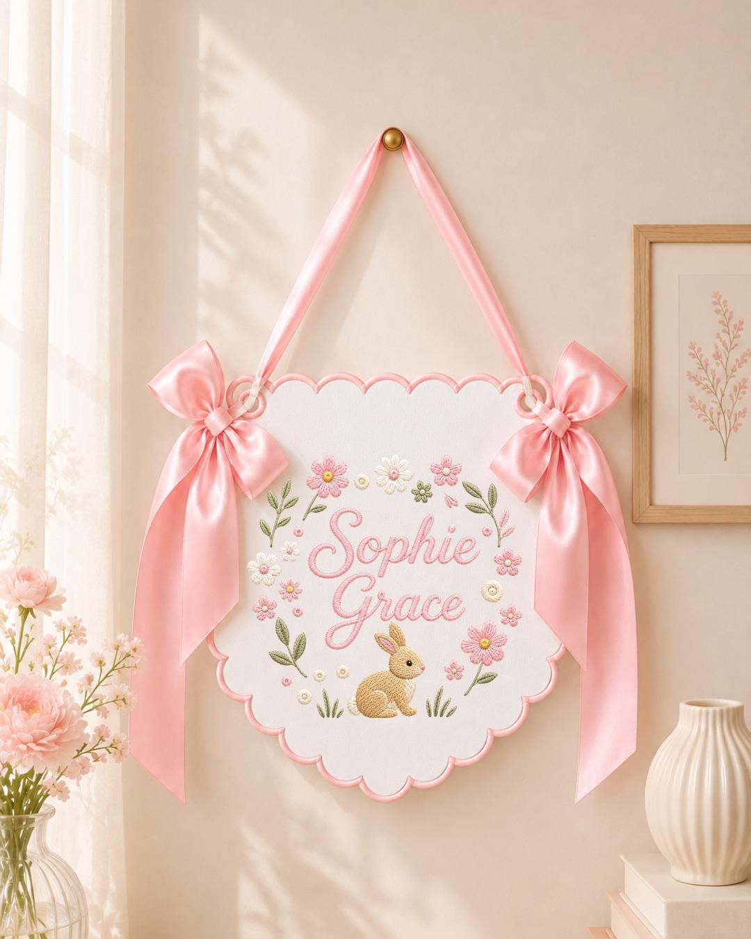 Personalized Embroidered Baby Name Banner, Bunny Nursery Wall Decor, Floral Custom Name Sign, Sage Green Baby Room Decor, Baby Shower Gift