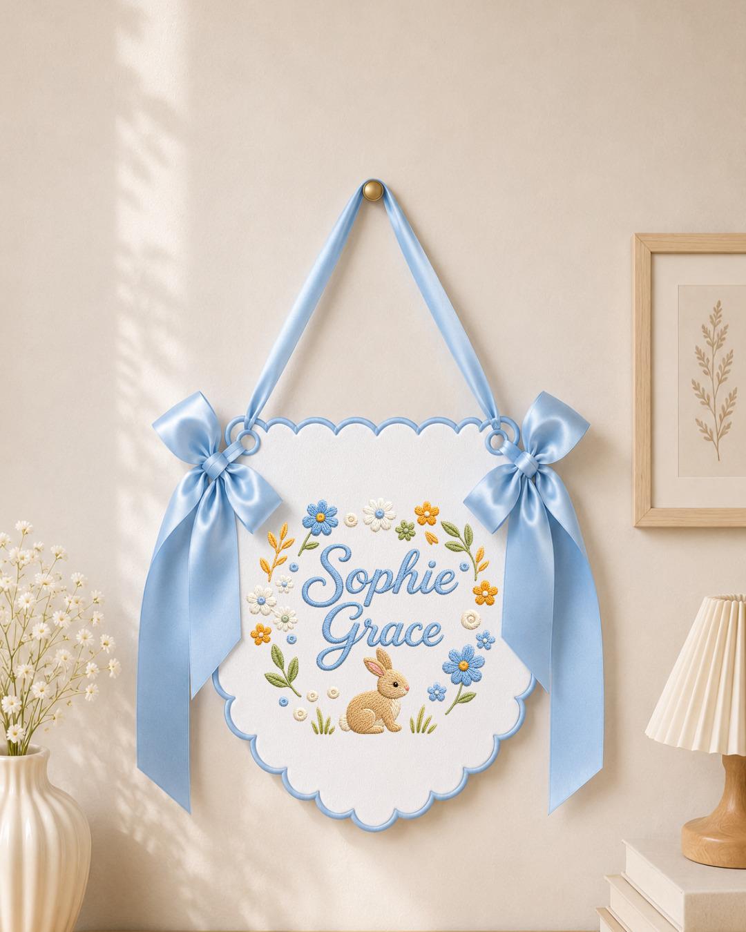 Personalized Embroidered Baby Name Banner, Bunny Nursery Wall Decor, Floral Custom Name Sign, Sage Green Baby Room Decor, Baby Shower Gift