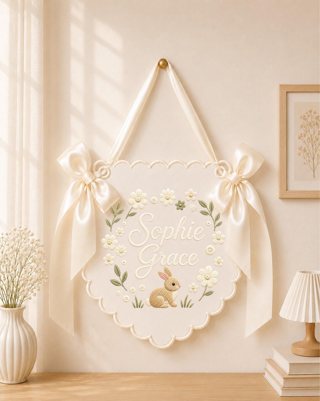 Personalized Embroidered Baby Name Banner, Bunny Nursery Wall Decor, Floral Custom Name Sign, Sage Green Baby Room Decor, Baby Shower Gift