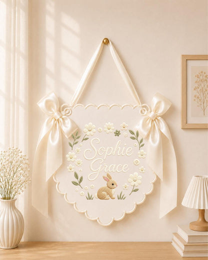 Personalized Embroidered Baby Name Banner, Bunny Nursery Wall Decor, Floral Custom Name Sign, Sage Green Baby Room Decor, Baby Shower Gift
