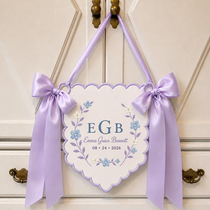Personalized Baby Girl Monogram Scalloped Banner Decor, Custom Embroidered Name Date Initial Wall Hanging Sign, Hospital Door Hanger