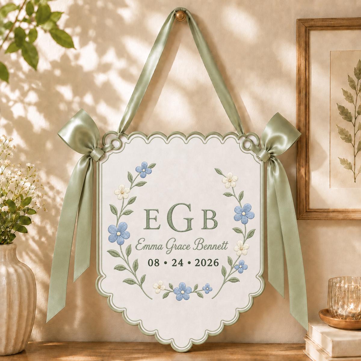 Personalized Baby Girl Monogram Scalloped Banner Decor, Custom Embroidered Name Date Initial Wall Hanging Sign, Hospital Door Hanger
