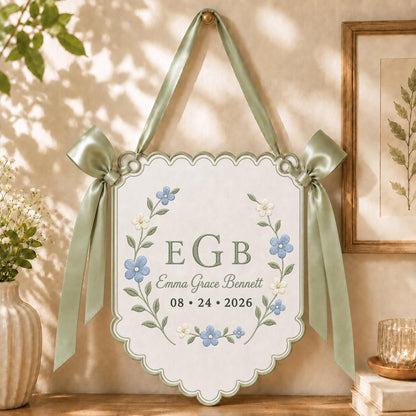 Personalized Baby Girl Monogram Scalloped Banner Decor, Custom Embroidered Name Date Initial Wall Hanging Sign, Hospital Door Hanger