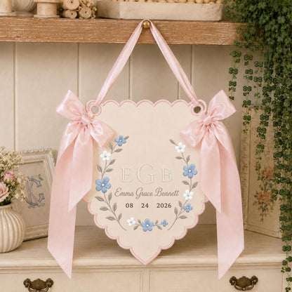 Personalized Baby Girl Monogram Scalloped Banner Decor, Custom Embroidered Name Date Initial Wall Hanging Sign, Hospital Door Hanger
