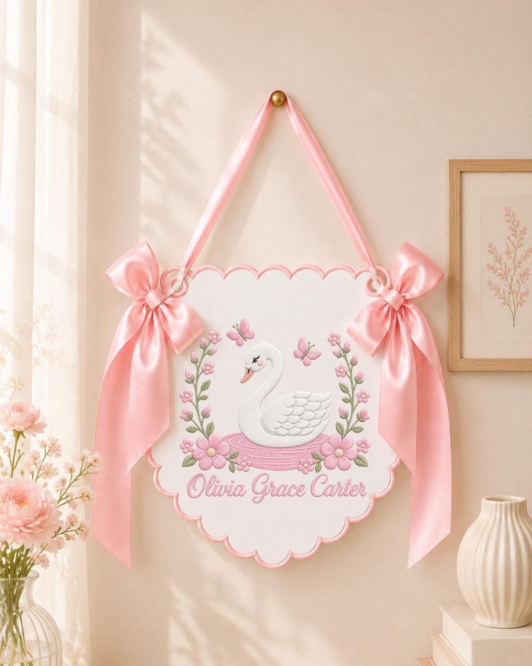 Personalized Embroidered Baby Name Banner, Swan Nursery Wall Decor, Floral Baby Girl Name Sign, Custom Nursery Decor, Baby Shower Gift