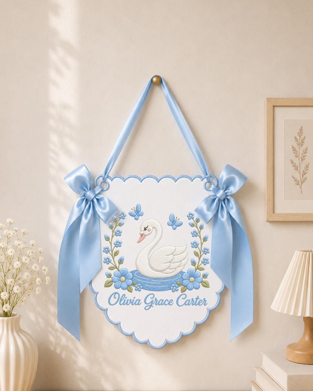 Personalized Embroidered Baby Name Banner, Swan Nursery Wall Decor, Floral Baby Girl Name Sign, Custom Nursery Decor, Baby Shower Gift