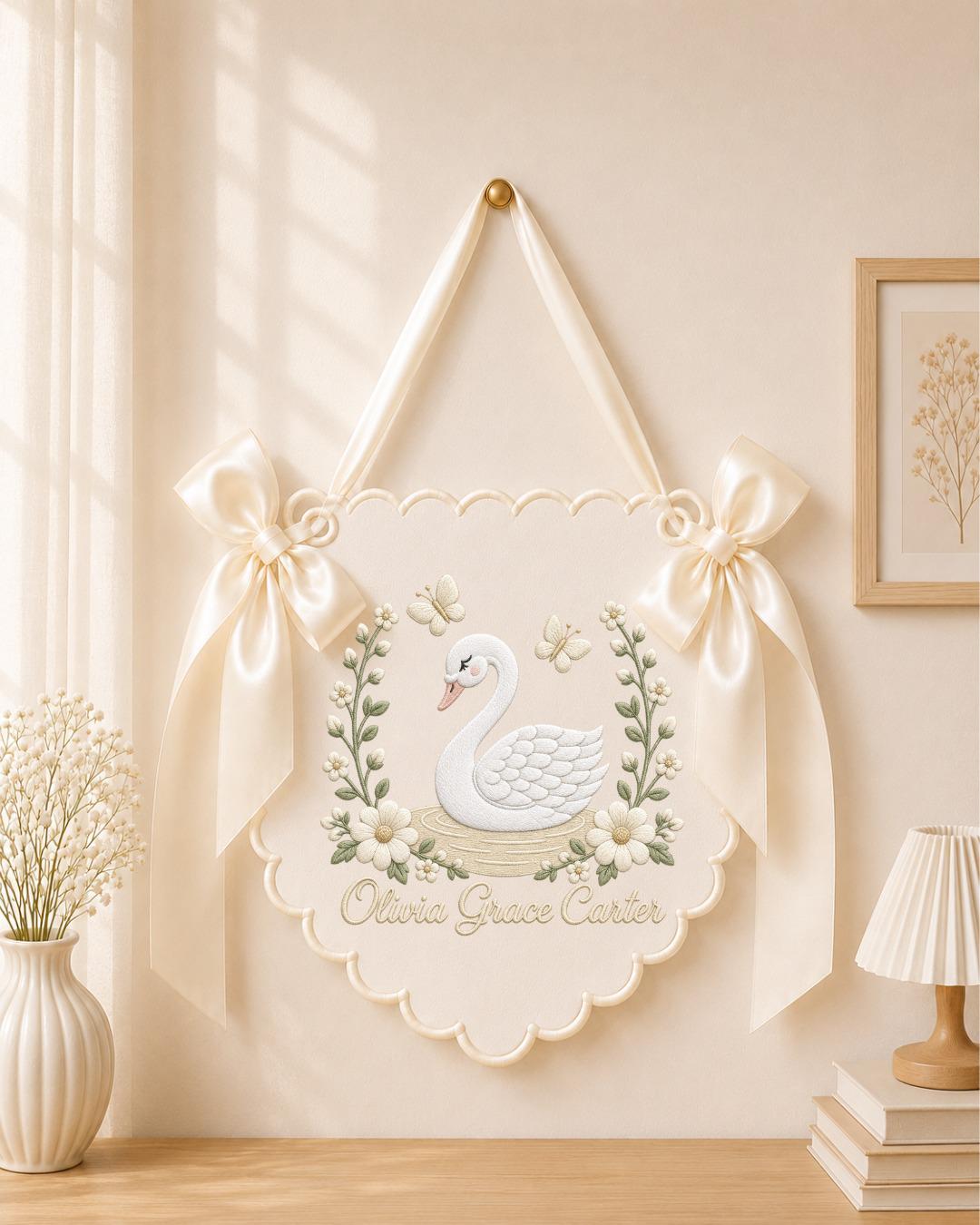 Personalized Embroidered Baby Name Banner, Swan Nursery Wall Decor, Floral Baby Girl Name Sign, Custom Nursery Decor, Baby Shower Gift