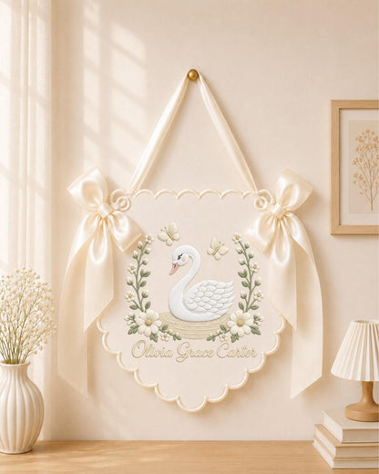 Personalized Embroidered Baby Name Banner, Swan Nursery Wall Decor, Floral Baby Girl Name Sign, Custom Nursery Decor, Baby Shower Gift