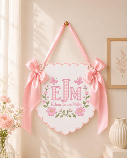 Personalized Embroidered Baby Name Banner, Custom Monogram Hospital Sign, Floral Nursery Wall Hanging, Newborn Announcement, Baby Shower