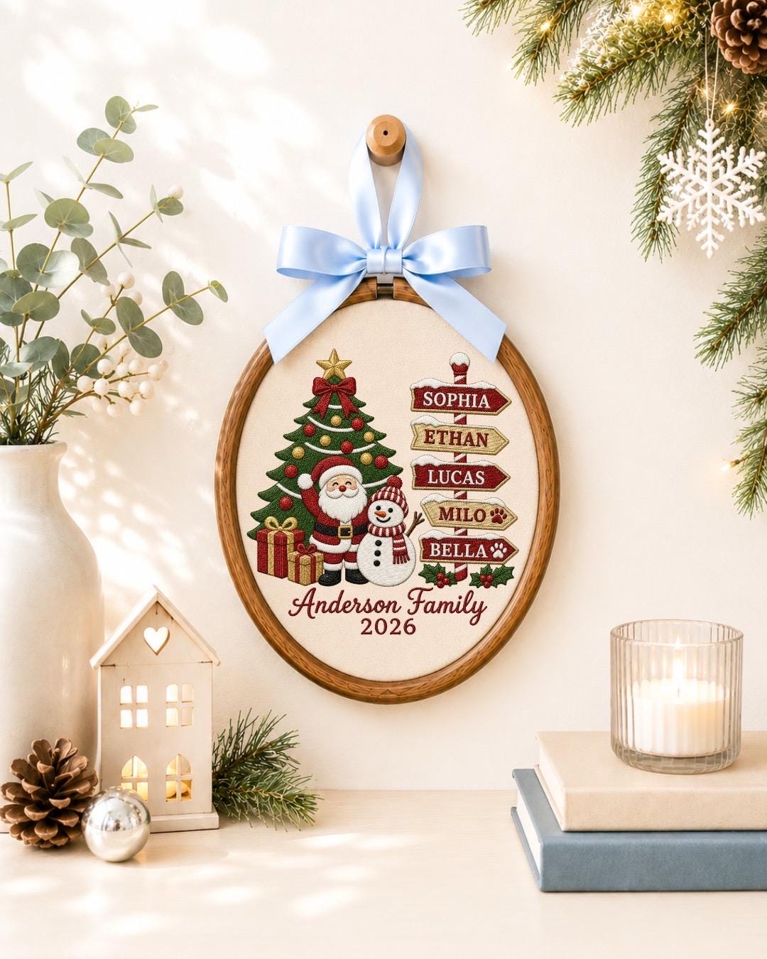 Personalized Family Christmas Embroidered Ornament, Custom Family Name Christmas Decor, Santa Snowman Keepsake, Family Christmas Gift