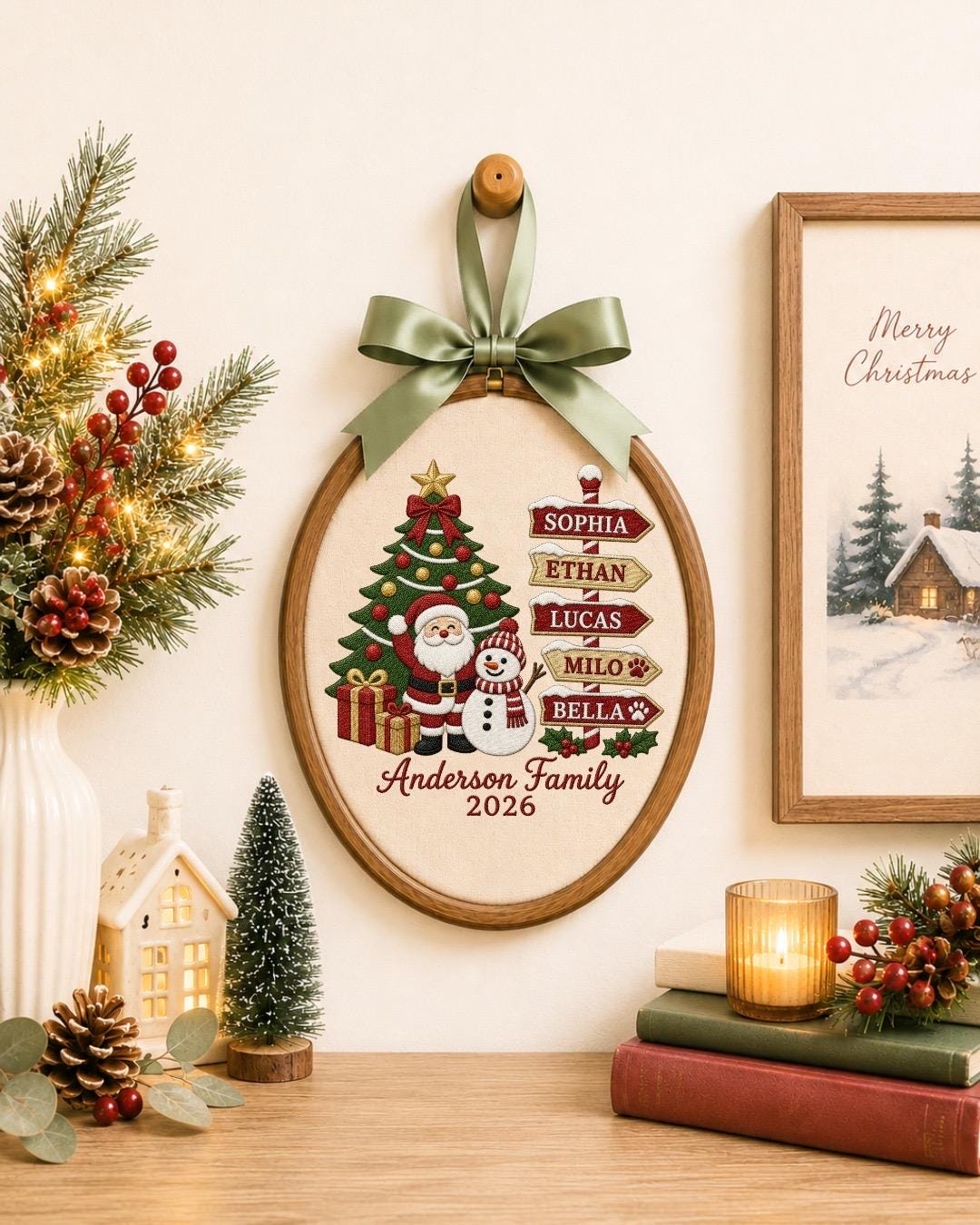 Personalized Family Christmas Embroidered Ornament, Custom Family Name Christmas Decor, Santa Snowman Keepsake, Family Christmas Gift