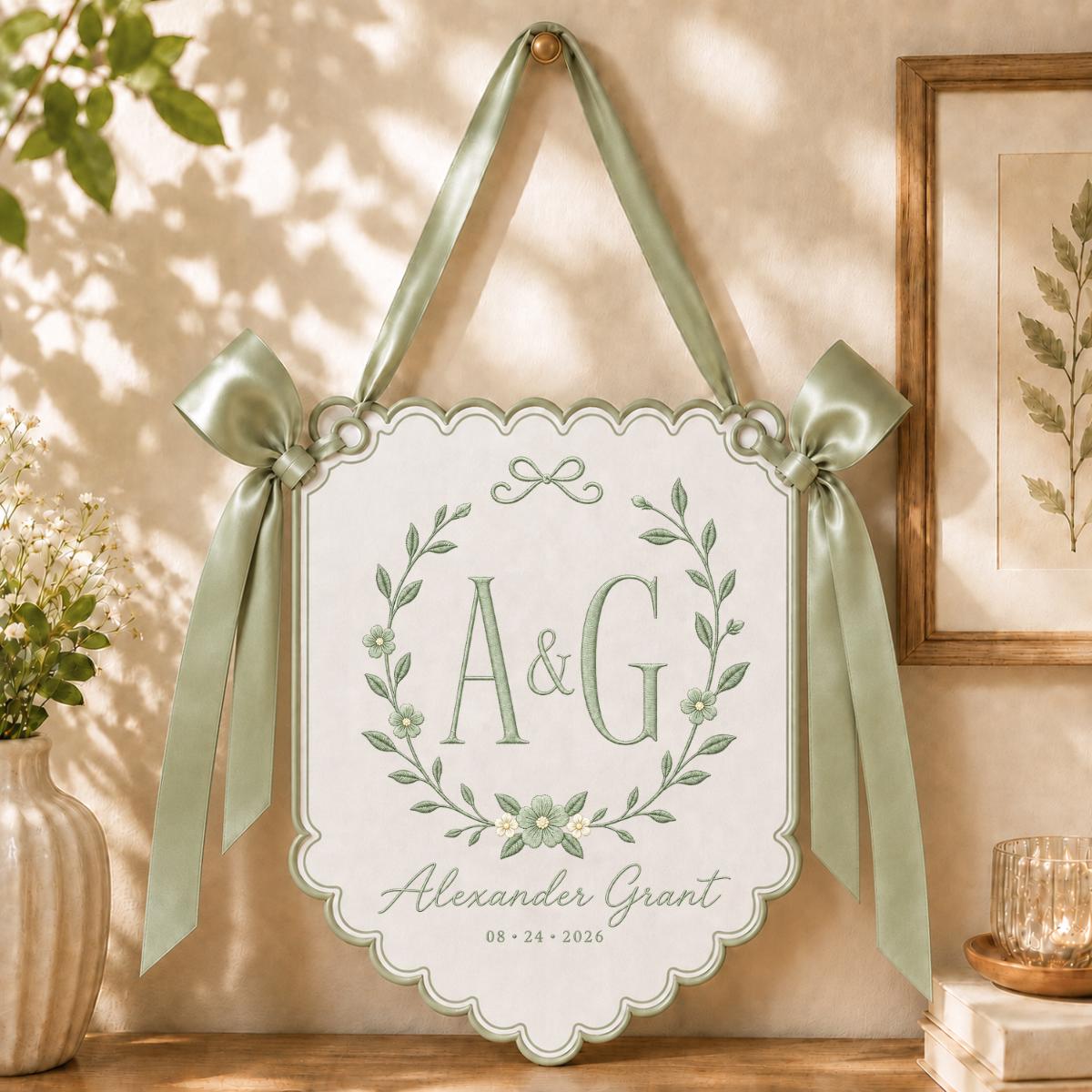Personalized Monogram Scalloped Banner, Custom Name Alexander Grant Embroidered Initial AG Lavender Bows Nursery Wall Sign