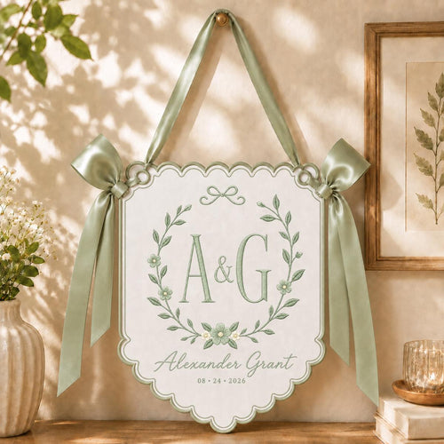 Personalized Monogram Scalloped Banner, Custom Name Alexander Grant Embroidered Initial AG Lavender Bows Nursery Wall Sign