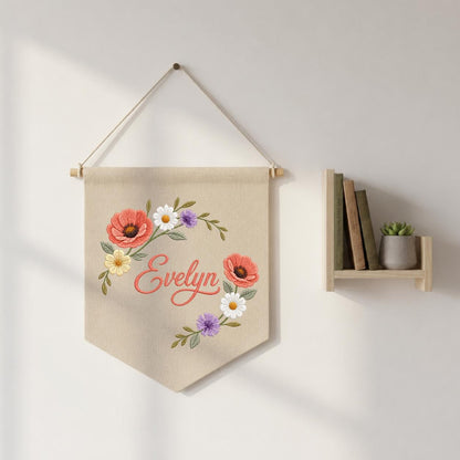 Personalized Poppy Wildflower Nursery Decor, Custom Name Embroidered Canvas Pennant Banner, Daisy Floral Wreath Baby Girl Wall Sign