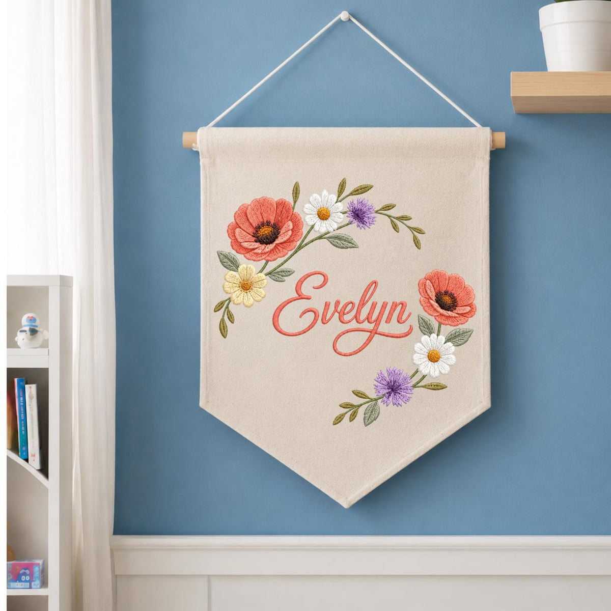 Personalized Poppy Wildflower Nursery Decor, Custom Name Embroidered Canvas Pennant Banner, Daisy Floral Wreath Baby Girl Wall Sign