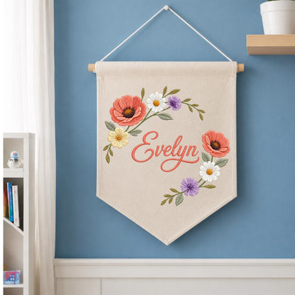 Personalized Poppy Wildflower Nursery Decor, Custom Name Embroidered Canvas Pennant Banner, Daisy Floral Wreath Baby Girl Wall Sign