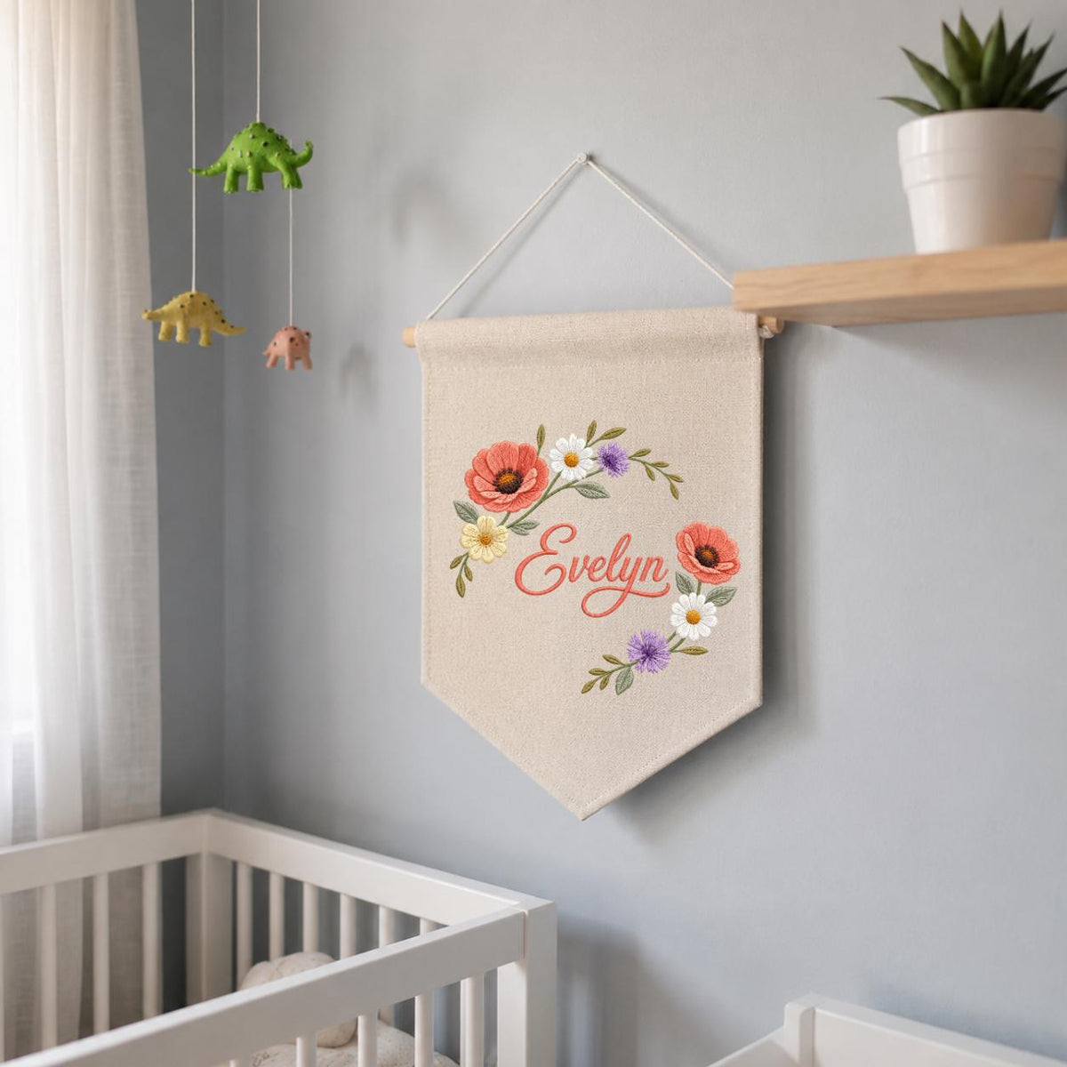 Personalized Poppy Wildflower Nursery Decor, Custom Name Embroidered Canvas Pennant Banner, Daisy Floral Wreath Baby Girl Wall Sign