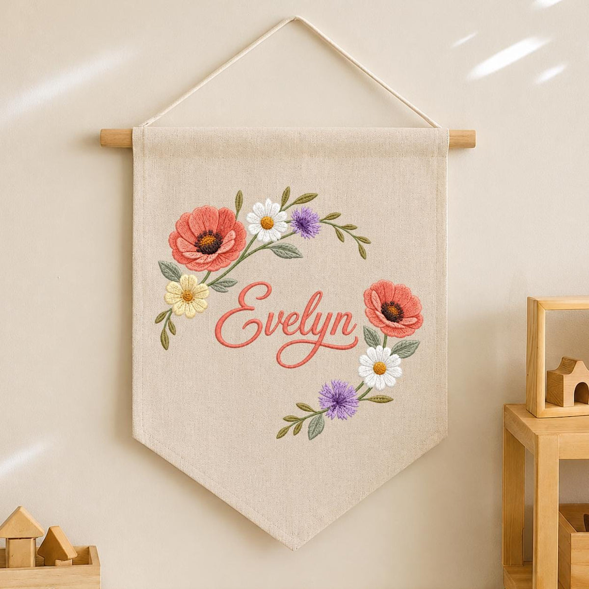Personalized Poppy Wildflower Nursery Decor, Custom Name Embroidered Canvas Pennant Banner, Daisy Floral Wreath Baby Girl Wall Sign