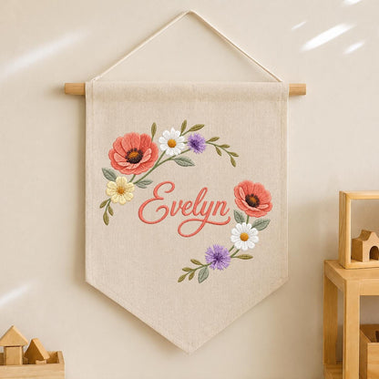 Personalized Poppy Wildflower Nursery Decor, Custom Name Embroidered Canvas Pennant Banner, Daisy Floral Wreath Baby Girl Wall Sign