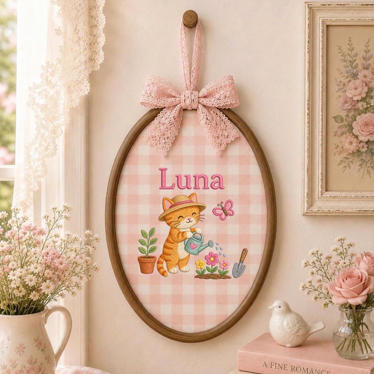 Custom Name Gardening Kitten Embroidered Oval Hoop Art, Cute Orange Tabby Cat Straw Hat Watering Flowers Baby Girl Wall Hanging Decor