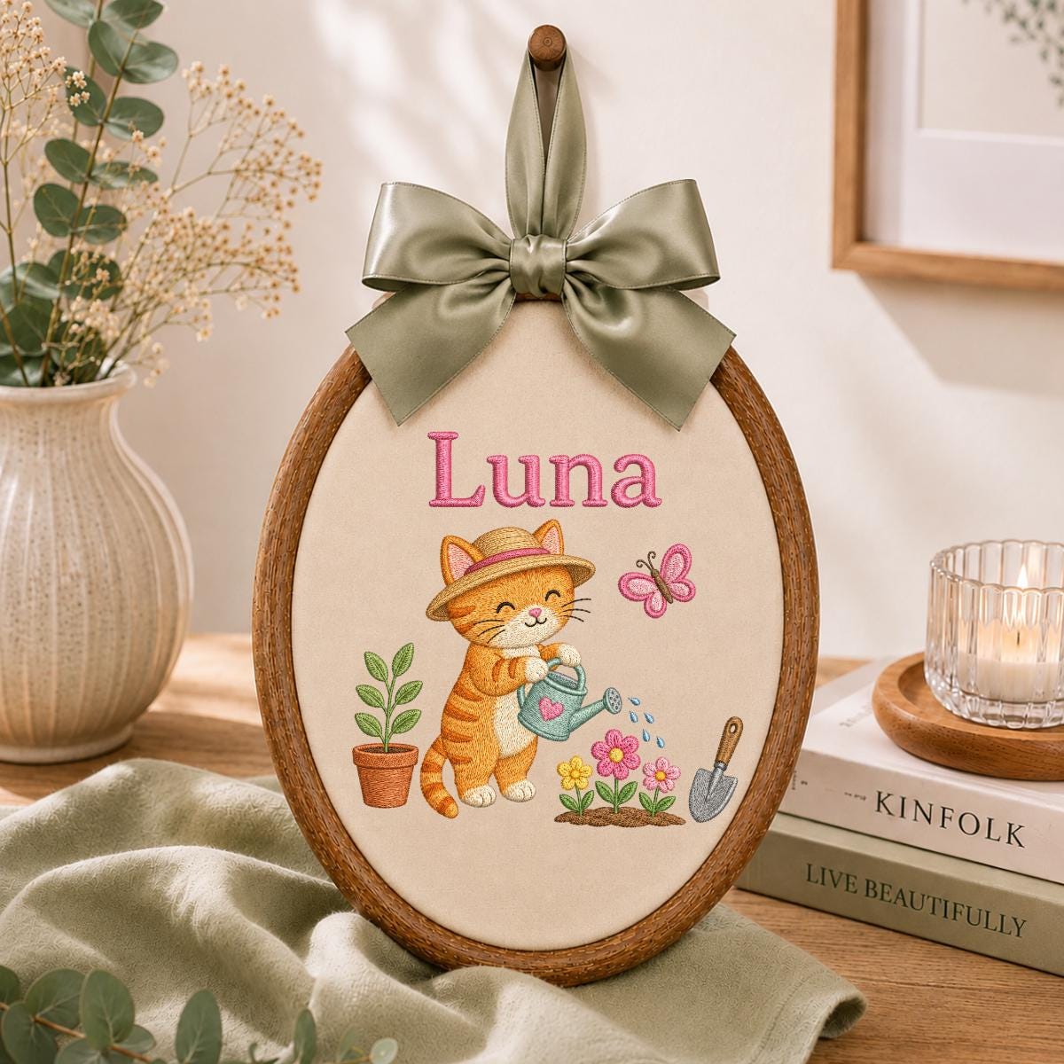 Custom Name Gardening Kitten Embroidered Oval Hoop Art, Cute Orange Tabby Cat Straw Hat Watering Flowers Baby Girl Wall Hanging Decor