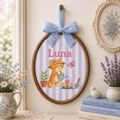 Custom Name Gardening Kitten Embroidered Oval Hoop Art, Cute Orange Tabby Cat Straw Hat Watering Flowers Baby Girl Wall Hanging Decor