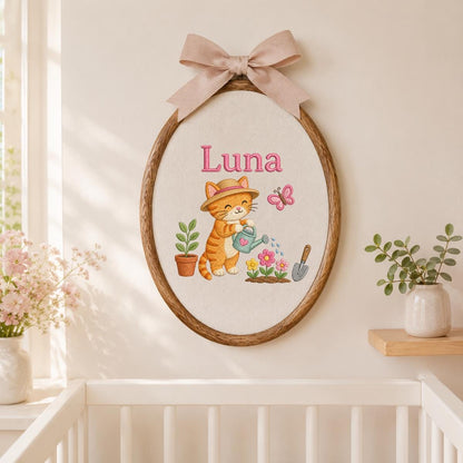 Custom Name Gardening Kitten Embroidered Oval Hoop Art, Cute Orange Tabby Cat Straw Hat Watering Flowers Baby Girl Wall Hanging Decor