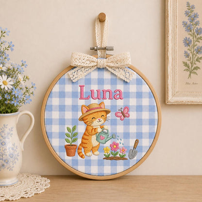 Custom Name Gardening Kitten Embroidered Oval Hoop Art, Cute Orange Tabby Cat Straw Hat Watering Flowers Baby Girl Wall Hanging Decor
