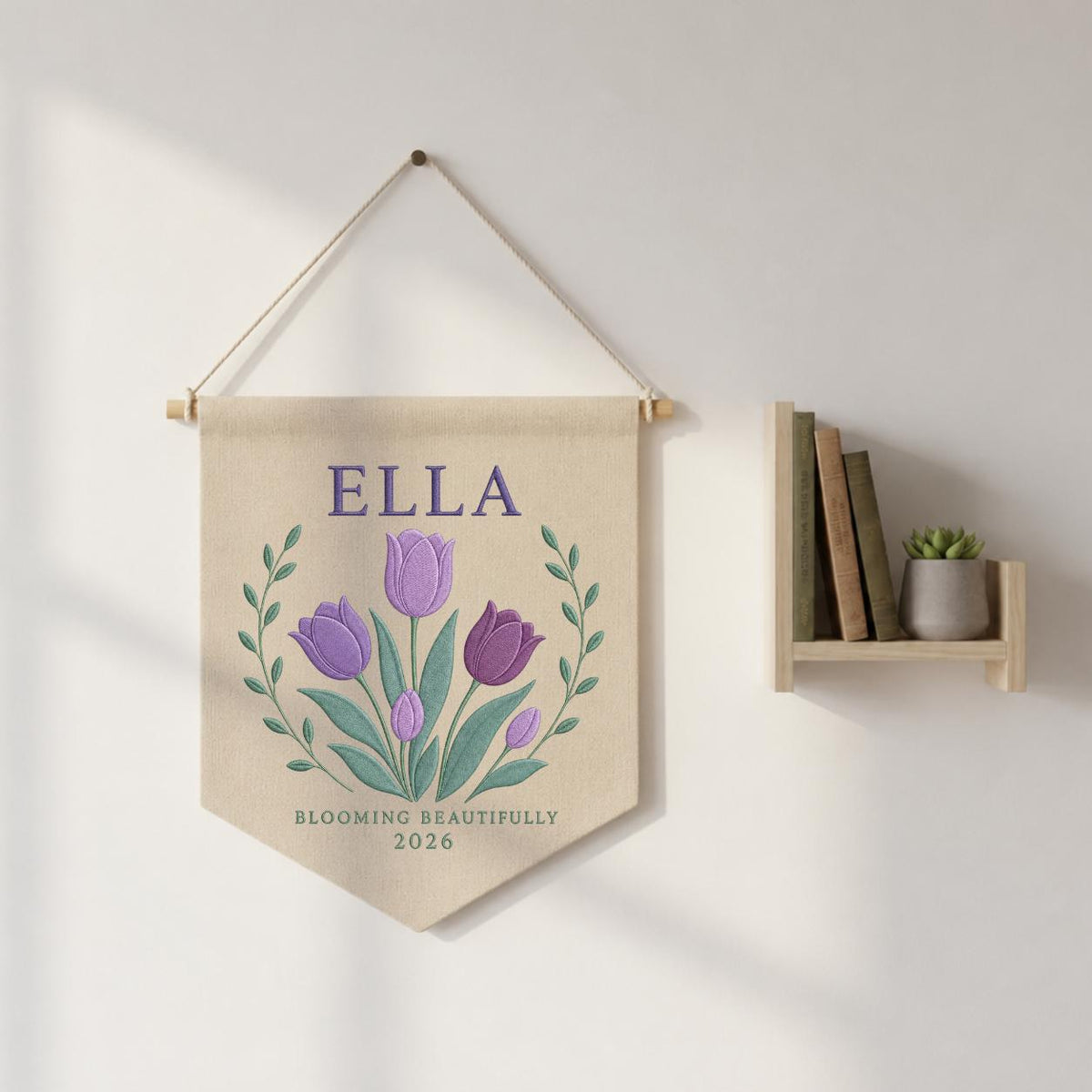 Personalized Purple Tulip Canvas Pennant Banner, Custom Name Ella Blooming Beautifully Embroidered Girl Nursery Wall Sign Decor