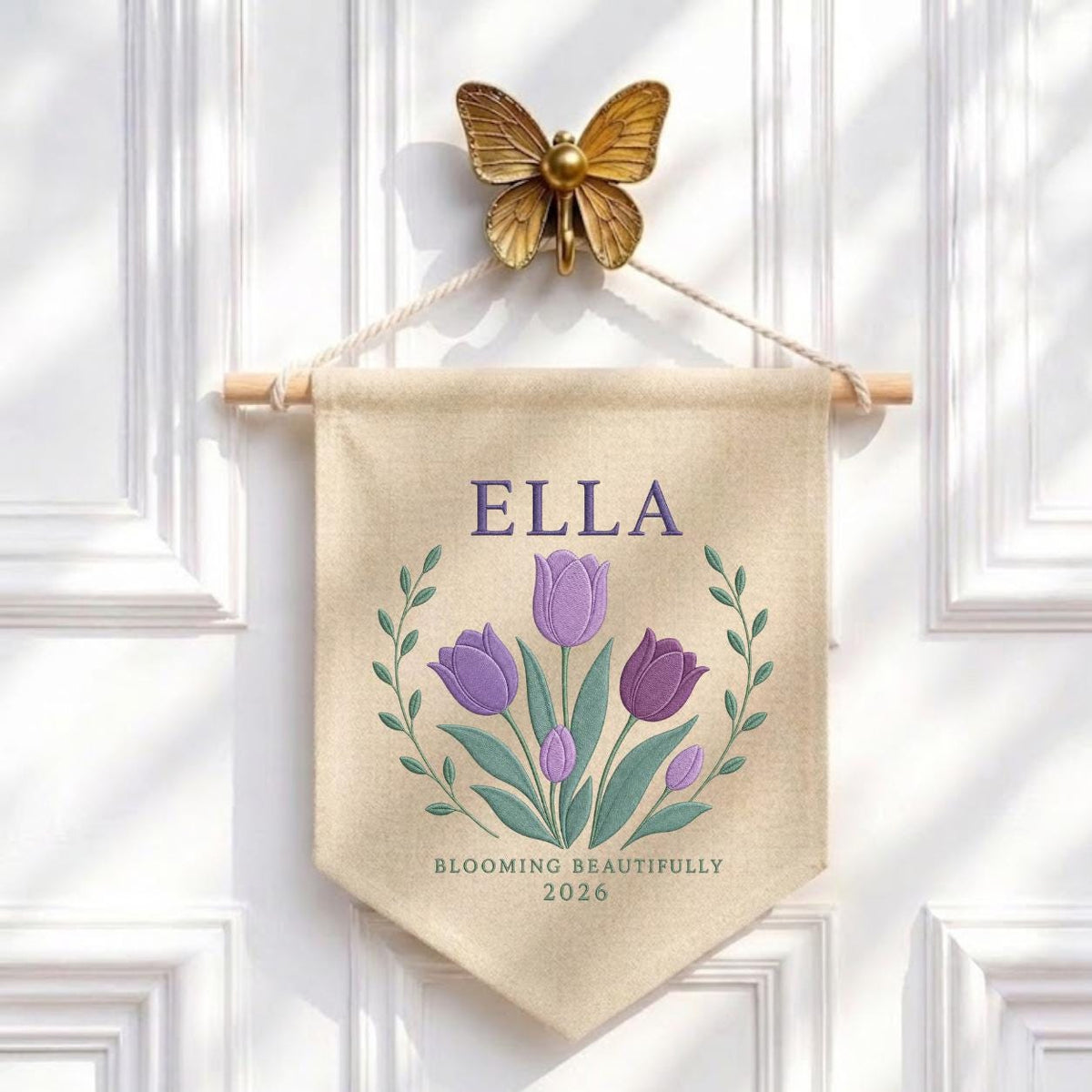 Personalized Purple Tulip Canvas Pennant Banner, Custom Name Ella Blooming Beautifully Embroidered Girl Nursery Wall Sign Decor