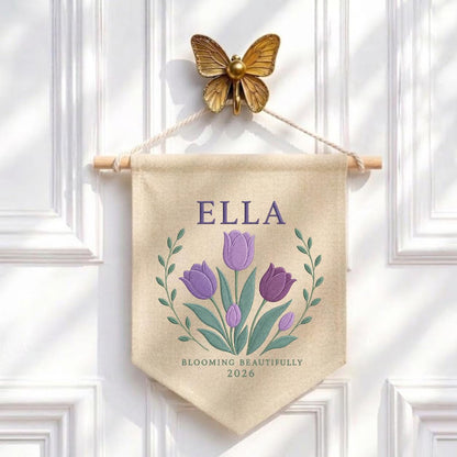 Personalized Purple Tulip Canvas Pennant Banner, Custom Name Ella Blooming Beautifully Embroidered Girl Nursery Wall Sign Decor