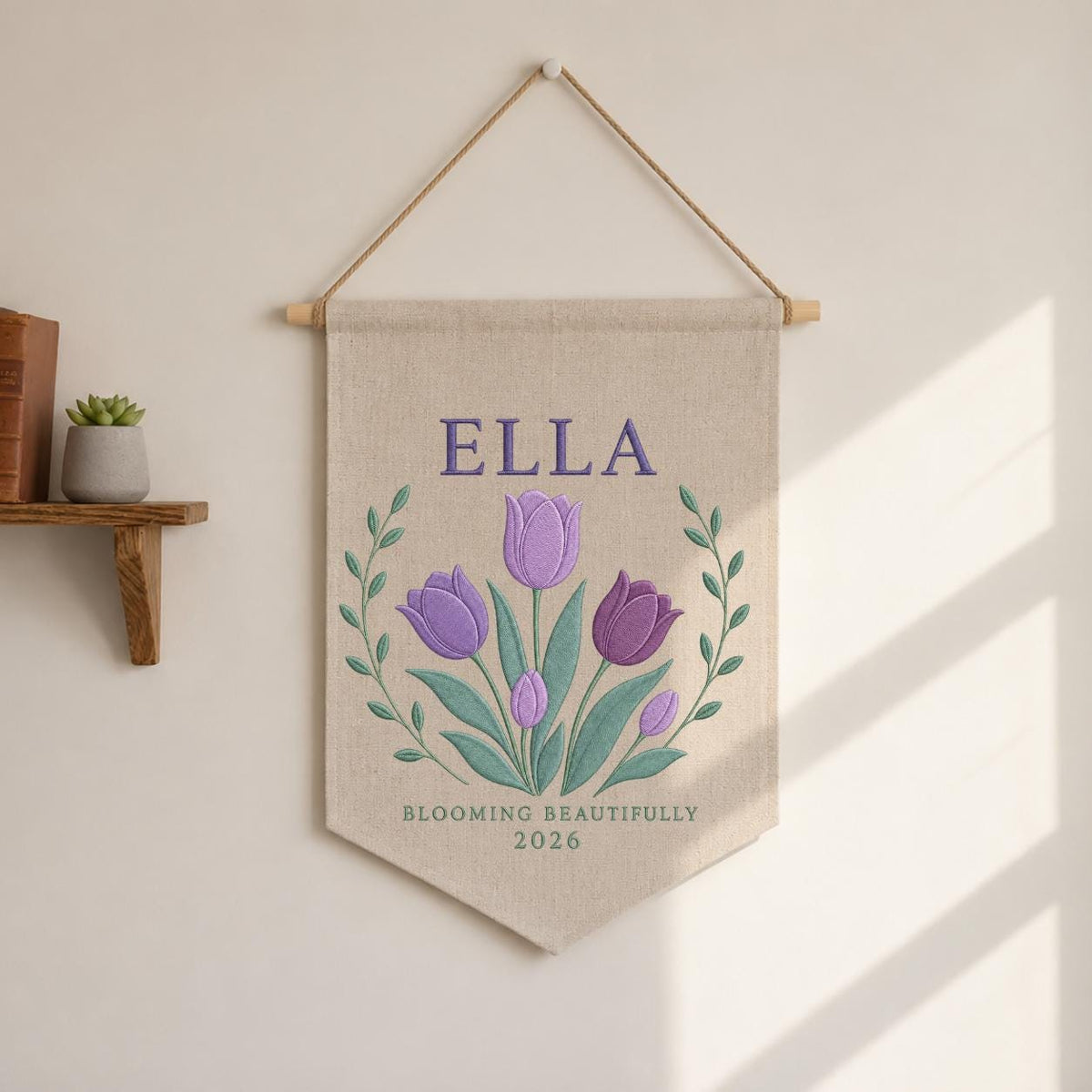 Personalized Purple Tulip Canvas Pennant Banner, Custom Name Ella Blooming Beautifully Embroidered Girl Nursery Wall Sign Decor
