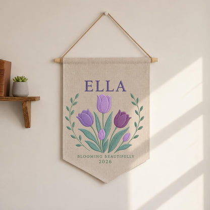 Personalized Purple Tulip Canvas Pennant Banner, Custom Name Ella Blooming Beautifully Embroidered Girl Nursery Wall Sign Decor
