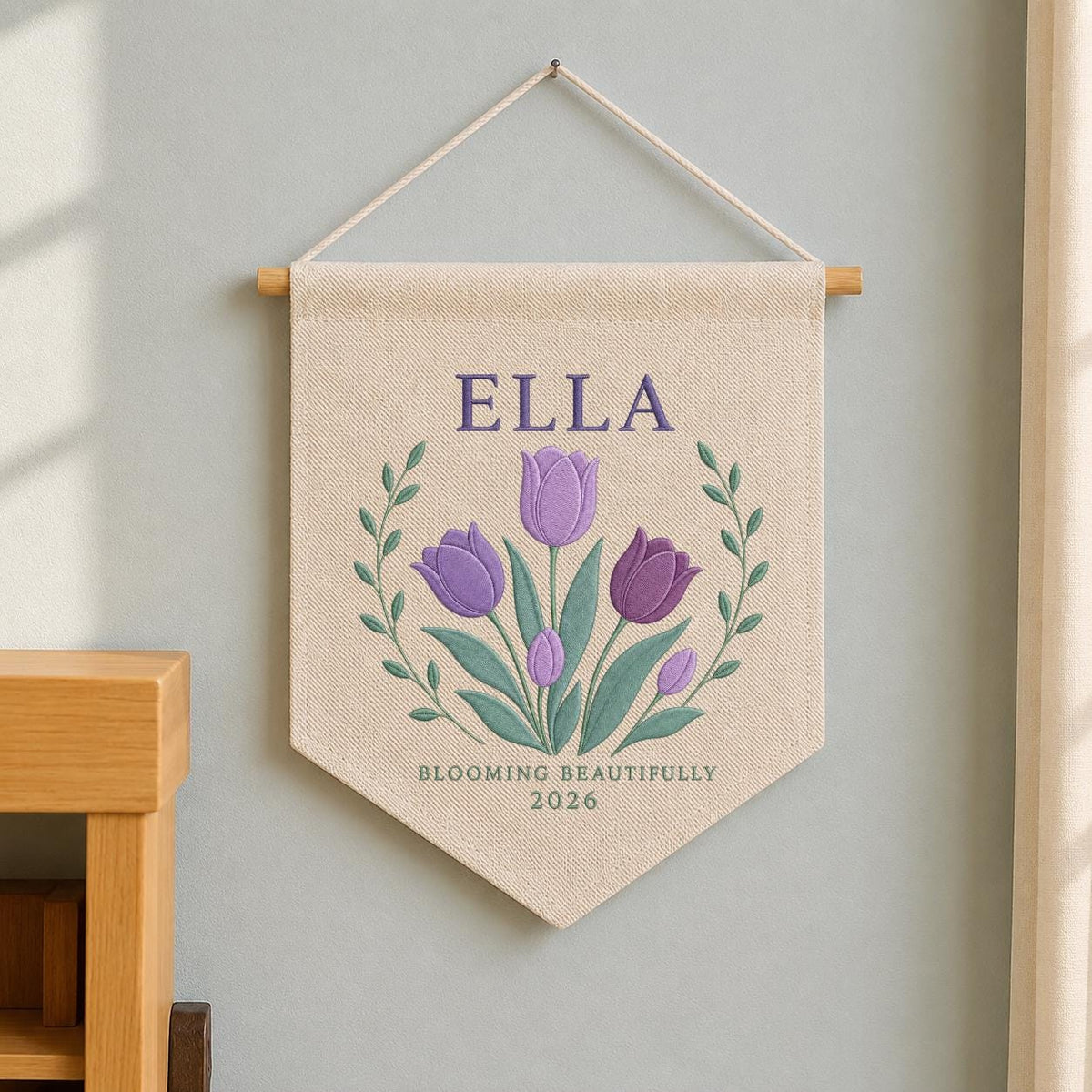 Personalized Purple Tulip Canvas Pennant Banner, Custom Name Ella Blooming Beautifully Embroidered Girl Nursery Wall Sign Decor