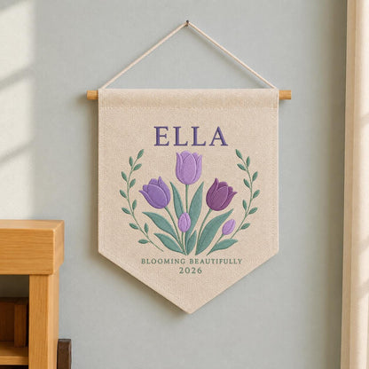 Personalized Purple Tulip Canvas Pennant Banner, Custom Name Ella Blooming Beautifully Embroidered Girl Nursery Wall Sign Decor