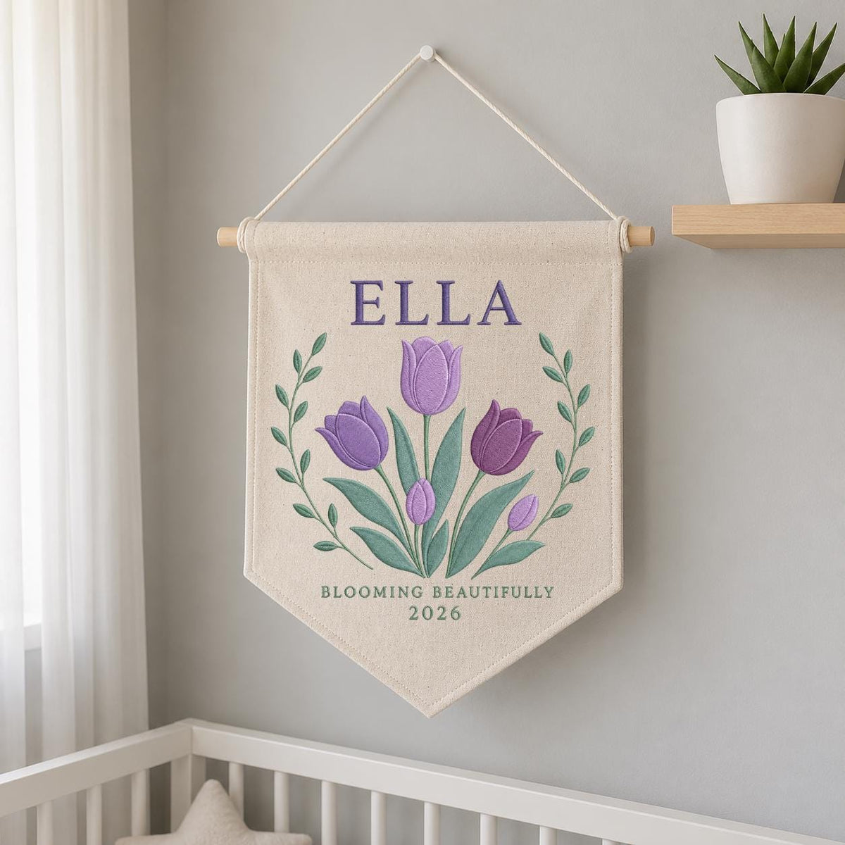 Personalized Purple Tulip Canvas Pennant Banner, Custom Name Ella Blooming Beautifully Embroidered Girl Nursery Wall Sign Decor