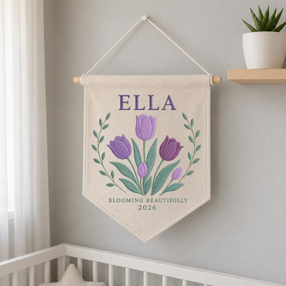 Personalized Purple Tulip Canvas Pennant Banner, Custom Name Ella Blooming Beautifully Embroidered Girl Nursery Wall Sign Decor