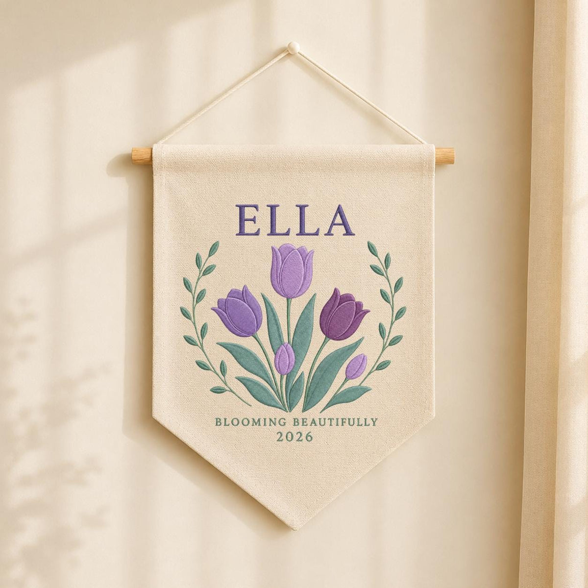 Personalized Purple Tulip Canvas Pennant Banner, Custom Name Ella Blooming Beautifully Embroidered Girl Nursery Wall Sign Decor